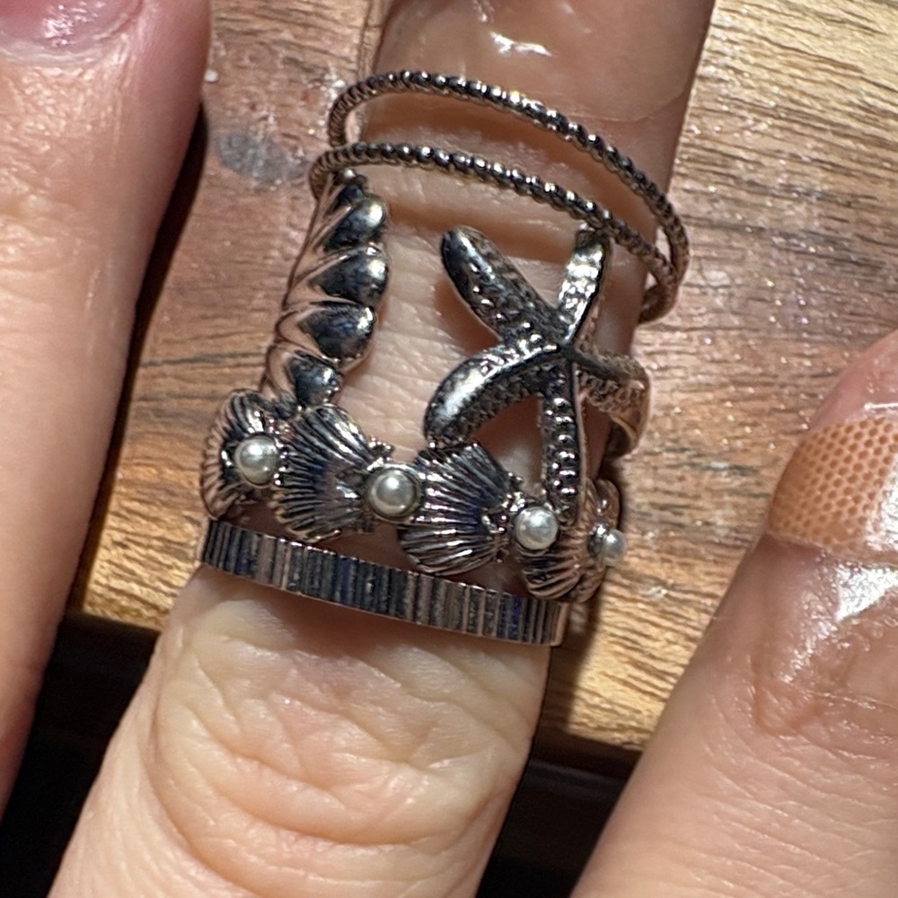 Silver Starfish and Shell Ring Set